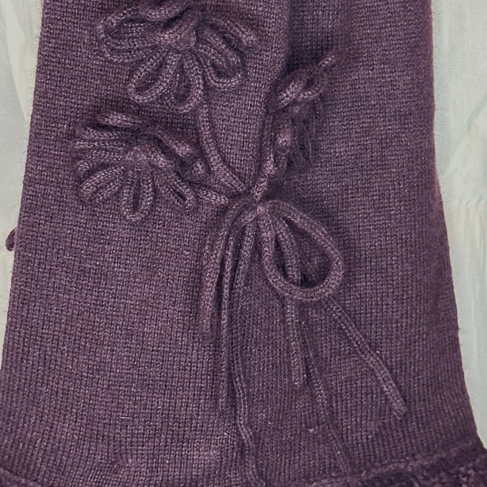 David Meister Purple Fringed Knitted Scarf with Embellished Floral Detail